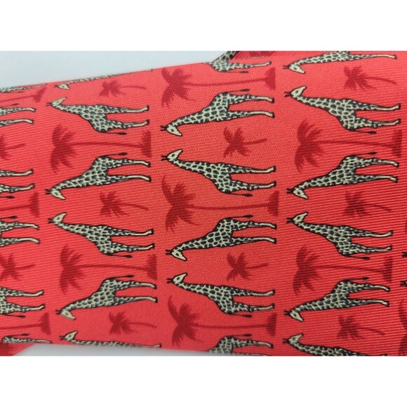 Hermes Paris Red Geometric Giraffs & Palm Trees 100% Silk Repp Tie 60 in - Picture 6 of 15